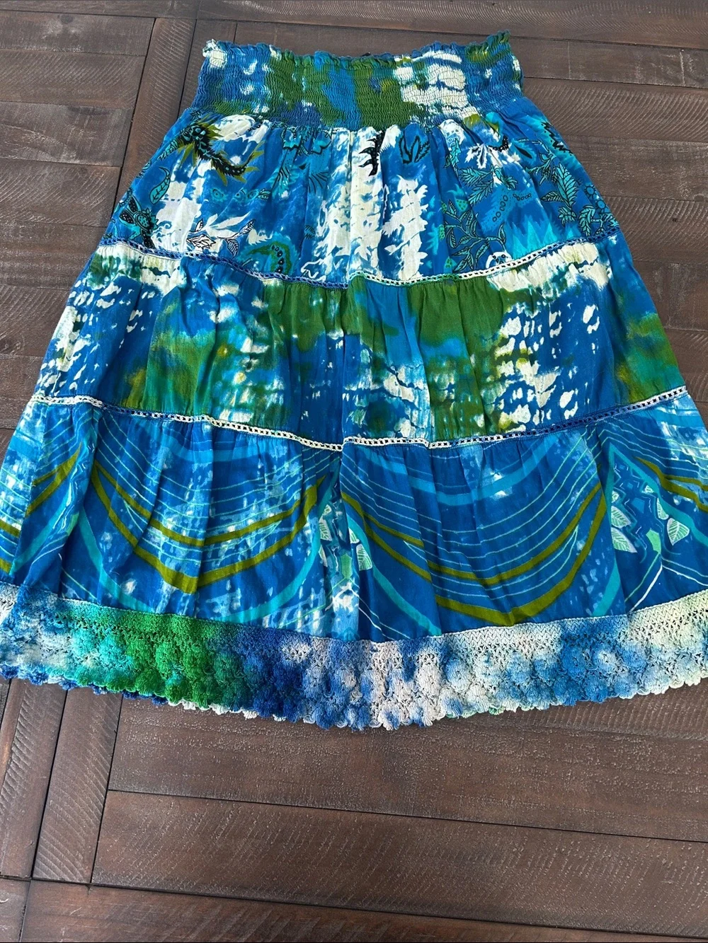 Blue & Green Tiered Midi Skirt - Women's Smocked Waist